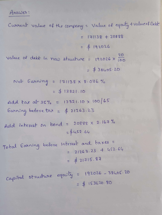 Answer Curent value of the company equtytvalueof Debl Value of + 171138 268 88 (92026 value of debt in nes strudhune 20 92026