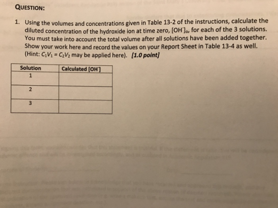 QUESTION: Using the volumes and concentrations given in Table 13-2 of the instructions, calculate the diluted concentration o