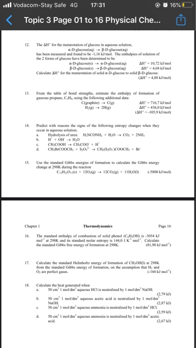16% 1 ..11 Vodacom-Stay Safe 4G 17:31 Topic 3 Page 01 to 16 Physical Che... 12. The AH for the mutarotation of glucose in aq