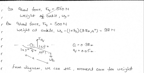 r Au quad force, Fw=500N . weight of ankle, wg= r Am Quad force, Fq = 500H weight at anale, Wa = (1079) (9.81183) = 98 N - 1-