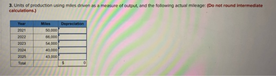 3. Units of production using miles driven as a measure of output, and the following actual mileage: (Do not round intermediat