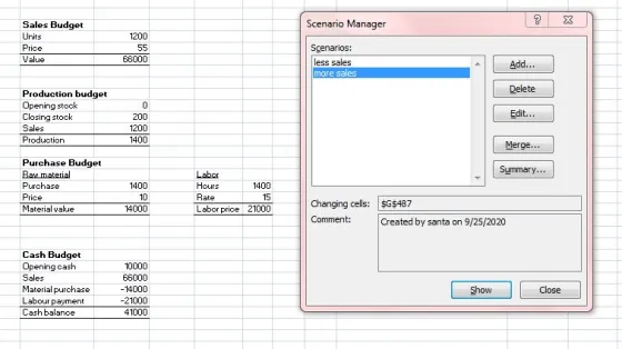 2 Scenario Manager X Sales Budget Units Price Value 1200 55 66000 Scenarios: less sales more sales Add... Delete Production b