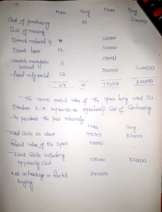 ENL Make Make Buy ( Buy. 63000 LANS Cost of purchasing Cost of making . Dissed matural 4 120000 360000 Direct labor IR Vauabl