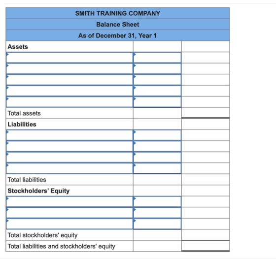 SMITH TRAINING COMPANY Balance Sheet As of December 31, Year 1 Assets Total assets Liabilities Total liabilities Stockholders