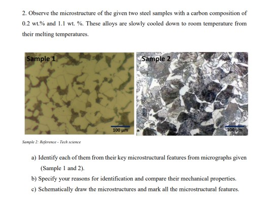 2. Observe the microstructure of the given two steel samples with a carbon composition of 0.2 wt.% and 1.1 wt. %. These alloy