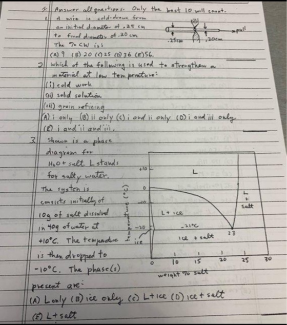 Pad & Answer all questions. Only the best 10 will count. 1 A wire in cold-drawn from an initial diameter of .25cm to final di