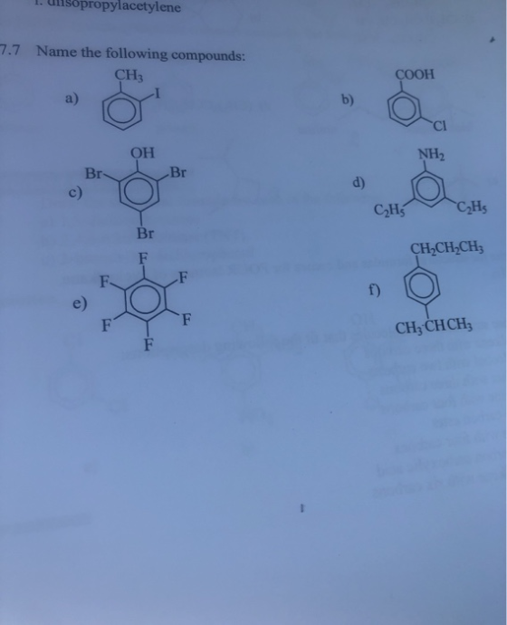 1. Unsopropylacetylene 7.7 Name the following compounds: CH3 COOH СІ ОН NH2 Br Br CH3CH CH2CH2CH; F CH; CHCH