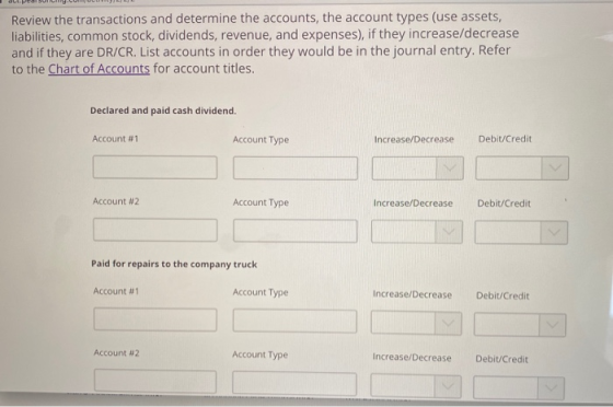 Review the transactions and determine the accounts, the account types (use assets, liabilities, common stock, dividends, reve