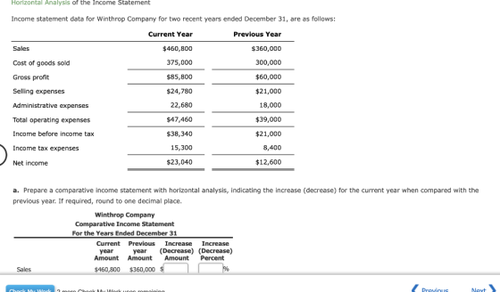 Horizontal Analysis of the Income Statement Income statement data for Winthrop Company for two recent years ended December 31