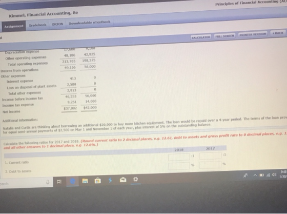 Principles of Financial Accounting (AC Kimmel, Financial Accounting, 8e Assignment Gradebook ORION Dowaloadable eTextbook CALCULATOR FULL SCREEN PRINTER VERSION BACK 48,186 42,925 213,765 198,375 49,166 56,000 Other operating expenses Total operating expenses Income from operations Other expenses 413 Interest expense Loss on disposal of plant assets2,500 2,913 Total other expenses Income before income tax Income tax expense Net income 46,25356,000 9,251 14,000 $37,002 42,000 Additional information: Natale and Curtis are thinking about borrowing an additional $20,000 to buy more kitchen equipment. The loan would be repald over a 4-year perlod. The terms of the loan prov for equal semi-annual payments of $2,500 on May 1 and November 1 of each year, plus interest of 5% on the outstanding balance. Calculate the following ratios for 2017 and 2018. (Round current ratio to 2 decimal places, e.g. 12.61, debt to assets and gross profit rate to o decimal places, eo. 1 and all other answers to 1 decimal place, e.g. 1 2.6%.) 2018 2017 1. Current ratio 2. Debt to assets 948