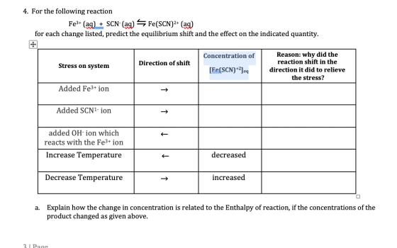 4. For the following reaction Fe3+ (aq) + SCN- (aq) > Fe(SCN)2+ (aq) for each change listed, predict the equilibrium shift an
