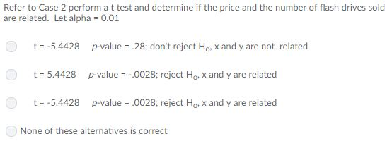 Refer to Case 2 perform a t test and determine if the price and the number of flash drives sold are related. Let alpha 0.01 t-5.4428 p-value 28; dont reject Ho x and y are not related t-5.4428 p-value-..0028; reject Ho, x and y are related t-5.4428 p-value 0028; reject Ho. x and y are related None of these alternatives is correct