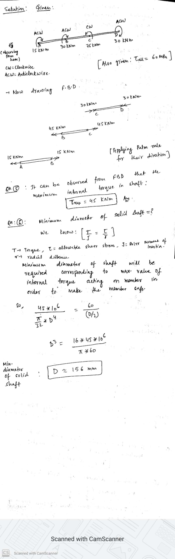 Solution! Ginen: ACW CW ACW ACW 30 kNm 30 kNm 75kNm (observing IS KN.M from here) CWClockwise ACw: Anticlockwise. [Also given