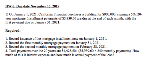 HW 6: Due date November 13, 2019 ) On January 1, 2021, California Financial purchases a building for S900,000, signing a 5%,