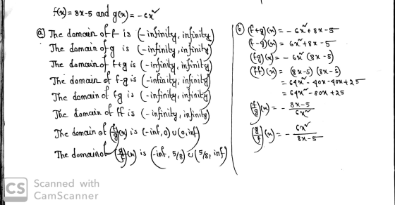 4-4)() 68+8x-5 flex) = 8X-5 and gen)=-exy @ The domain off is E infinity, infinity) (Of+g)(a) =-GM*8*-5 The domain of g is (-