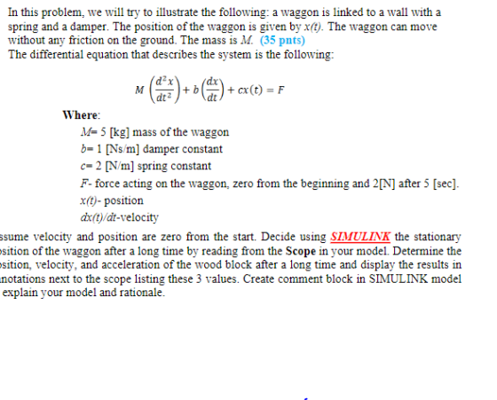 In this problem, we will try to illustrate the following: a waggon is linked to a wall with a spring and a damper. The positi