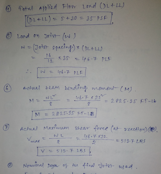 Total Applied Floor LOnd (OL+L) (D2+LL)= 5+30 = 35 PSF O Lond on Joist (w) 3(3otst spacing) x (DL+LLI 16 X 35 46.7 PLF 12 46.