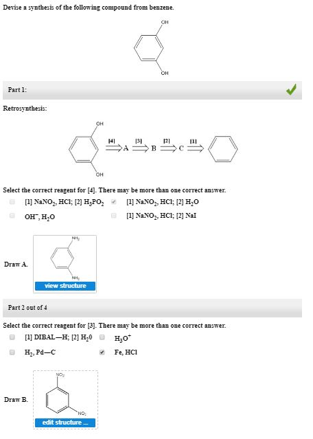 Devise a synthesis of the following compound from benzene. Part 1: Retrosynthesis: Select the correct reagent for [4). There