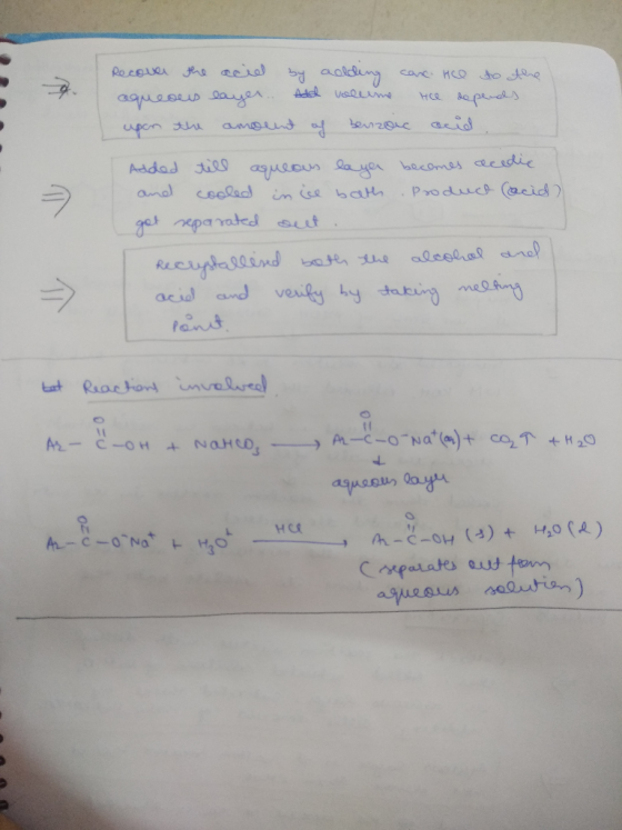 Recover the acid by aolding cance. He to the aqueous layer... Add volume ce depends upon the amount of benzoic acid Added til