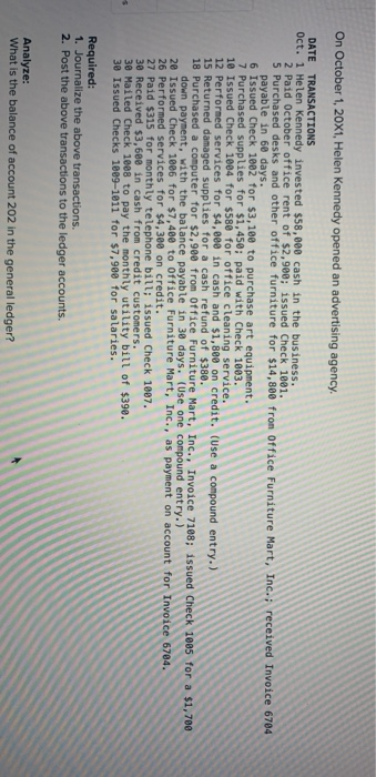 On October 1, 20x1, Helen Kennedy opened an advertising agency. DATE TRANSACTIONS Oct. 1 Helen Kennedy invested $58,000 cash