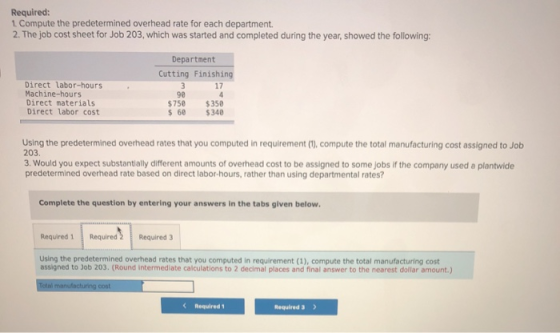 Required: 1. Compute the predetermined overhead rate for each department. 2. The job cost sheet for Job 203, which was starte