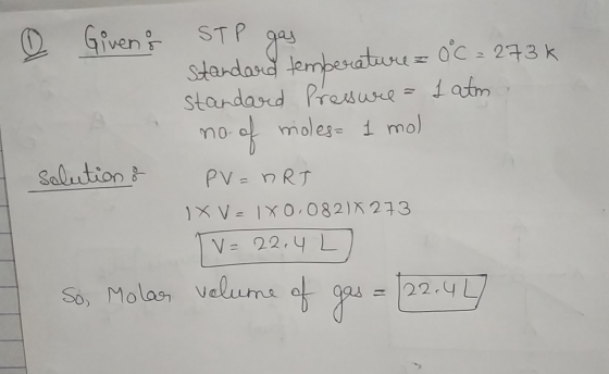 I Givens STP gas Standard temperature 0°C = 273k standard Pressure= 1 atm no of moles= 1 mol salution & PV = nRT IX V=180,082