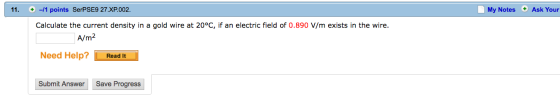 Calculate the current density in a gold wire at 20