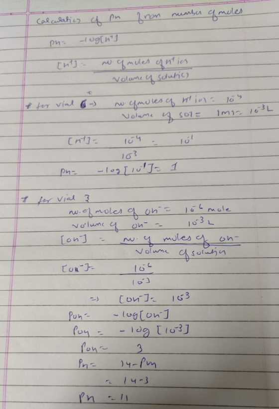from number a moles Calculation of pn ph= lug[nt] [nt] - w.qmules of nties Volume of solubic) er vial - - no. cfmules of mine