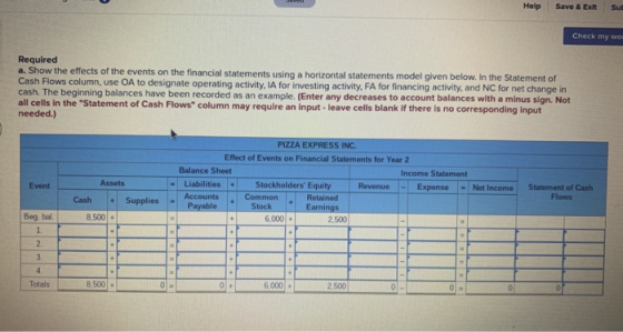 Help Save & Exit Su Check my wo Required a. Show the effects of the events on the financial statements using a horizontal sta