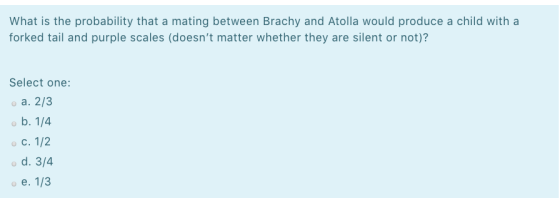 What is the probability that a mating between Brachy and Atolla would produce a child with a forked tail and purple scales (d