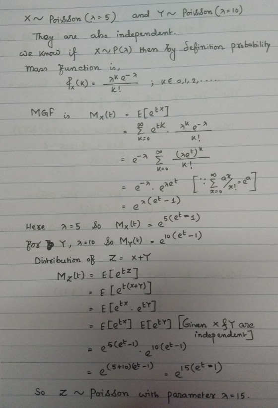 ano independent mas unchion MGF lA I a e 5 Cee-1) t(x+r) 2 to (et-) 2. 2 So Pois don with panameter 2 15