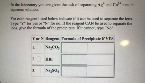 In the laboratory you are given the task of separating Ag+ and Cu2+ ions in aqueous solution. For each reagent listed below i