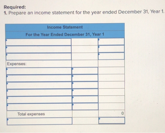 Required: 1. Prepare an income statement for the year ended December 31, Year 1. Income Statement For the Year Ended December