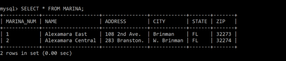 mysql> SELECTFROM MARINA; | MARINA_NUM | NAME ADDRESS CITY | STATE | ZIP Hl. | Alexamara East 108 2nd Ave Alexamara Central |