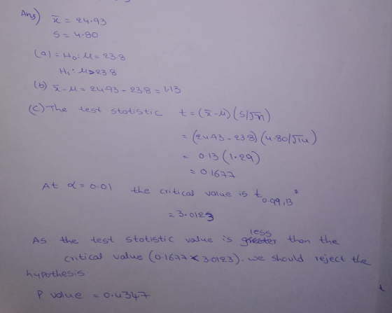Ans) 死ニ24.93 (c)-The t=(TA)(s ) test statistic (2e) 13 12 t o(=O-Ol the Critical value ; .99,3 ess As 4he lest stotistic volue is Sreater than the cticas value ( 16a30123)se should rejece the esis