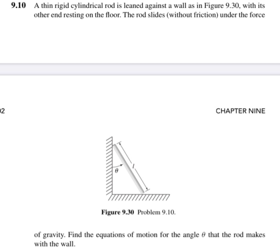 9.10 A thin rigid cylindrical rod is leaned against a wall as in Figure 9.30, with its other end resting on the floor. The ro