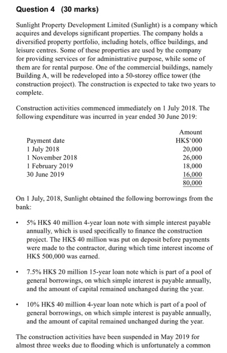 Question 4 (30 marks) Sunlight Property Development Limited (Sunlight) is a company which acquires and develops significant p