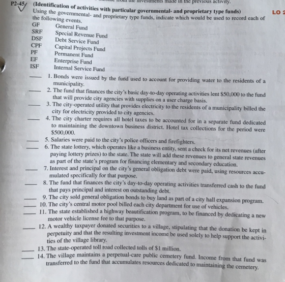 P2-45/ LO 2 EF Mon Tulle livestments made in the previous activity. (Identification of activities with particular governmenta