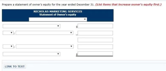 Prepare a statement of owners equity for the year ended December 31. (List items that increase owners equity first.) NICHOL
