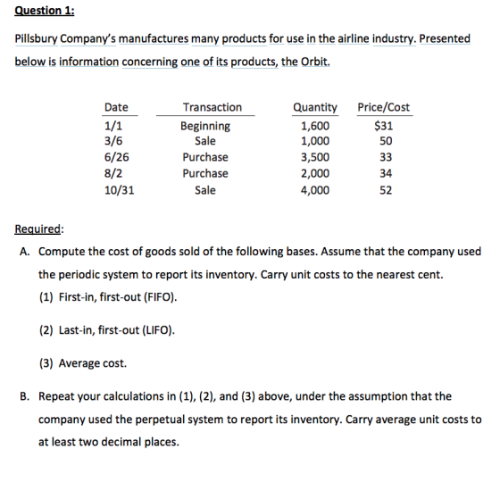 Question 1: Pillsbury Companys manufactures many products for use in the airline industry. Presented below is information co