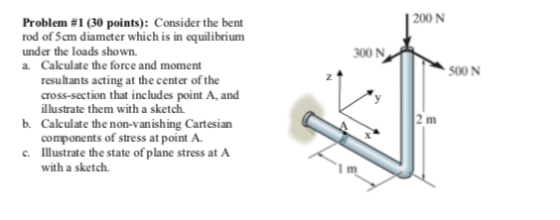200 N Problem #1 (30 points): Consider the bent rod of 5cm diameter which is in equilibrium under the loads shown. a. Calculate the force and moment 300 N 500 N resultants acting at the center of the cross-section that includes point A, and illustrate them with a sketch. 2 m b. Calculate the non-vanishing Cartesian components of stress at point A Illustrate the state of plane stress at A with a sketch. c. 1 m