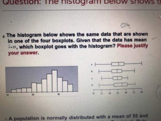 Question. Ihe nistografh beiow Shows t The histogram below shows the same data that are shown in one of the four boxplots. Given that the data has mean i-s, which boxplot goes with the histogram? Please justify your answer. 1015 25303540 ao 30 h A population is normally distributed with a mean of 55 and