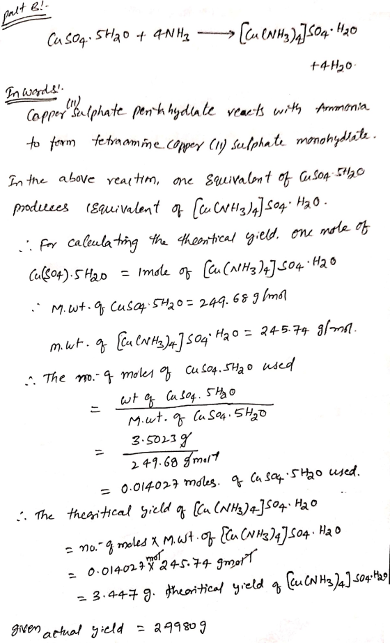 palt Bl. Casoq. 5H20 + 4NH3 [CM (NH₃)]504 H2O + 4H₂O In Woods. Con Copper Sulphate pen ta hyecate reacts with Armonia to for