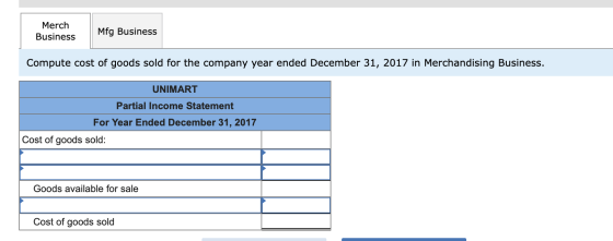 Merch Business Mfg Business Compute cost of goods sold for the company year ended December 31, 2017 in Merchandising Business