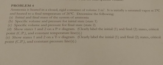 PROBLEM 4 Ammonia is heated in a closed, rigid container of volume 2 m. It is initially a saturated vapor at 2°C and heated to a final temperature of 20°C. Determine the following: (a) Initial and final mass of the system of ammonia (b) Specific volume and pressure for initial state (state 1) (c) Specific volume and pressure for final state (state 2) (d) Show states 1 and 2 on a P-v diagram. (Clearly label the initial (1) and final (2) states, critical point (C.P.), and constant temperature line(s).)