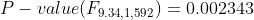 P-value(F_{9.34,1,592})=0.002343