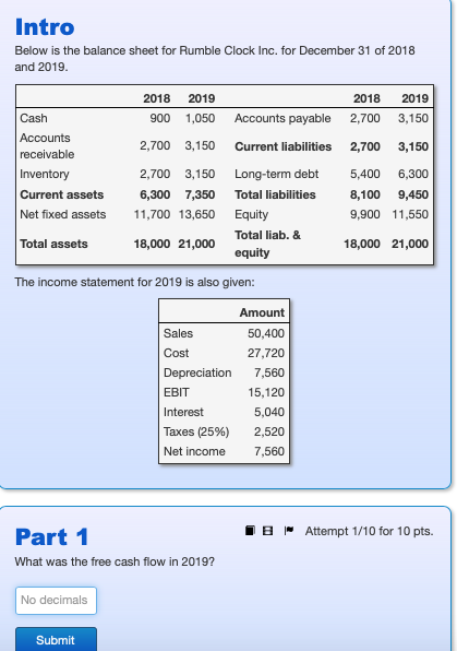 Intro Below is the balance sheet for Rumble Clock Inc. for December 31 of 2018 and 2019. 2018 900 2019 1,050 Cash Accounts re