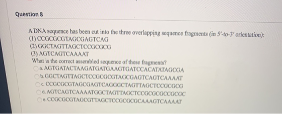 Question 8 A DNA sequence has been cut into the three overlapping sequence fragments (in 5-to-3 orientation): (1) CCGCGCGTA