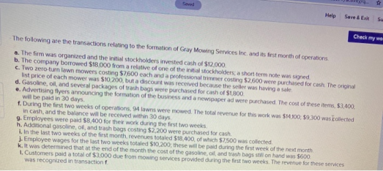 Seved Help Save & Exit Su Check my wo The following are the transactions relating to the formation of Gray Mowing Services In