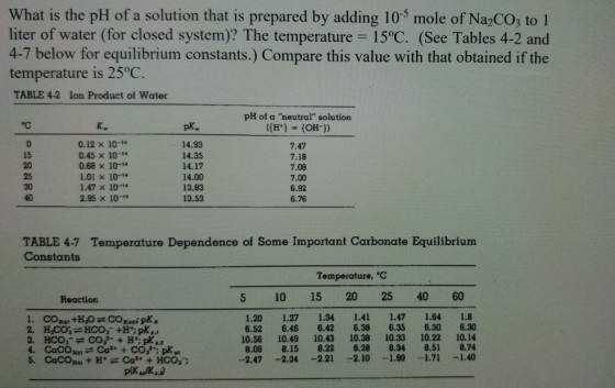 What is the pH of a solution that is prepared by adding 103 mole of Na2CO; to 1 liter of water (for closed system)? The temperature 15°C. (See Tables 4-2 and 4-7 below for equilibrium constants.) Compare this value with that obtained if the temperature is 25°C. TABLE 4-2 Ion Product of Water pH of a neutral solution K. pKw 15 20 25 30 40 0.12 x 10- 0.45 x 10-1 0.68 x 10- 1.01 x 10-14 1.47 x 10-4 2.95 x 10-14 14.93 14.35 14.17 14.00 13.83 13.53 7.47 7.18 7.08 7.00 6.92 6.76 TABLE 4-7 Temperature Dependence of Some Important Carbonate Equilibrium Constants Temperature, C 5 10 15 20 25 40 60 Reaction 1.20 1.27 1.34 1.41 1.47 1.64 1.8 6.52 6.46 6.42 6.38 6.35 6.30 6.30 10.56 10.49 10.43 10.38 10.33 10.22 10.14 8.09 8.15 8.22 8.28 8.34 8.51 8.74 -2.47 2.34 -2.21 2.10 1.891.711.40 5. CaCO3(s) + H+ ? Ca2+ + HCO,-;